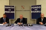 Un'immagine della conferenza stampa in cui il nuovo presidente della Regione Campania Vincenzo De Luca ha annunciato il ripristino del "Fondo per Disabili", che verrà finanziato con 15 milioni di euro