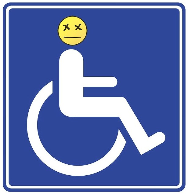 Logo della disabilità, con modifiche (realizzazione grafica di Gianni Minasso) sulla testa dell'omino (due croci al posto degli occhi e un tratto di linea al posto della bocca)