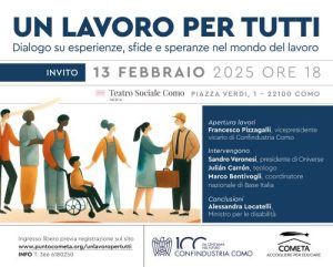 Locandina dell'evento "Un lavoro per tutti" in cui si vede un gruppo di persone con o senza disabilità stilizzate 