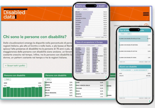 Particolare di elaborazione grafica di immagini dal portale "Disabled Data", che rappresenta diverse schermate del portale dati, a cura di Maurizio Piacenza