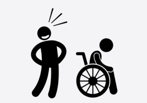 Disegno di persona che deride una persona con disabilità in carrozzina