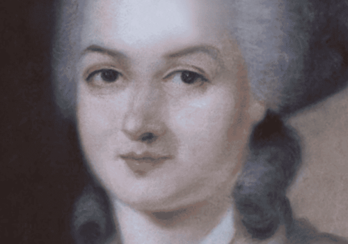 Particolare di un ritratto della drammaturga e attivista Olympe de Gouges, alla quale si deve la "Dichiarazione dei diritti della donna e della cittadina" e che venne condannata a morte nel 1793 per le proprie idee. A lei si ispira l'Associazione grossetana Olymopia de Gouges