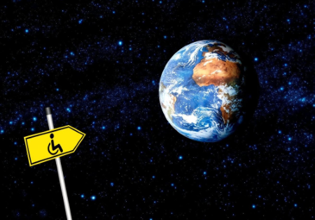 Una freccia con il logo della disabilità vewrso il pianeta Terra (realizzazione grafica di Gianni Minasso)