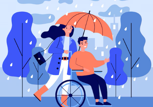 Disegno di giovane con disabilità sotto la pioggia insieme ad assistente