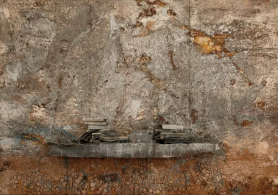 "Die Grosse Fracht" ("Il grande carico"), 2006-2007, acrilico, emulsioni, ruggine, argilla, piombo fuso, su tela con nave e libri di piombo, cm 460×690, Pistoia, Biblioteca San Giorgio (©Anselm Kiefer; foto di Fabrizio Antonelli)