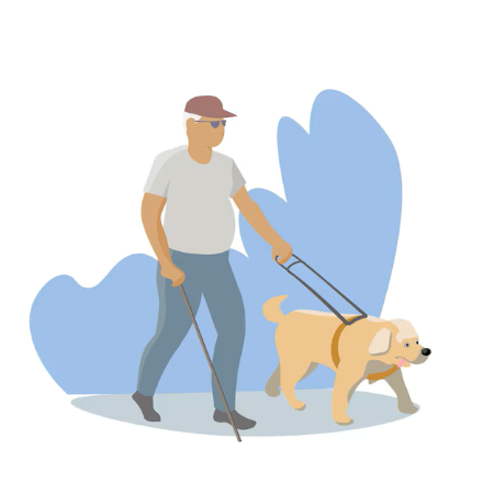 Disegno di cieco con cane guida e bastone