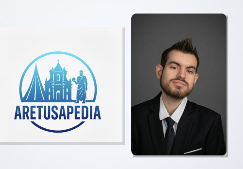 Il logo di "Aretusapedia" e il creatore dell'enciclopedia digitale Alessandro Calabrò