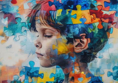Puzzle colorato intorno alla testa di un bambino