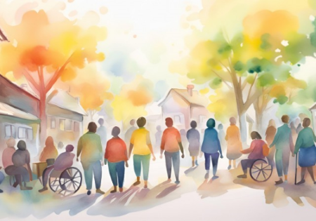 Acquerello con tante persone con e senza disabilità