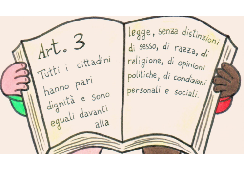 Disegno con il testo dell'articolo 3 della Costituzione