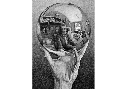 Maurits Cornelis Escher, "Mano con sfera riflettente" (o "Autoritratto nello specchio sferico"), litografia, 1935