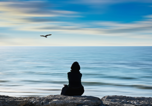 Donna di spalle in ombra di fronte al mare