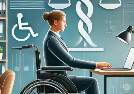 Rappresentazione grafica di persona con disabilità in carrozzina alla scrivania