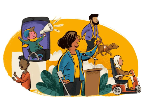 Grafica finlandese sulla partecipazione politica e pubblica delle persone con disabilità (illustrazioni di Väinö Heinonen)
