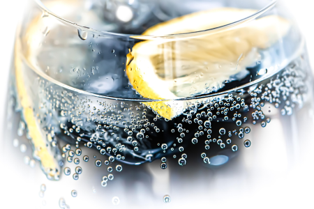 Bicchiere di gin tonic, con fetta di limone