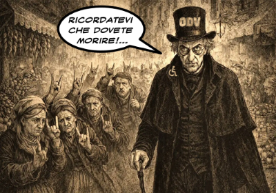 Realizzazione grafica di Gianni Minasso, con figura lugubre che dice "Ricordatevi che dovete morire" (e la scritta odv sul caappello), mentre sullo sfondo numerose persone fanno le corna