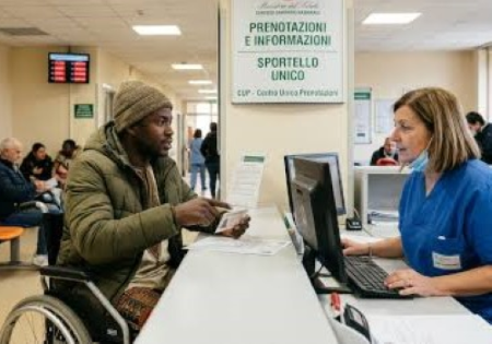 Persona straniera con disabilità a uno sportello del Servizio Sanitario Nazionale
