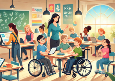 Disegno di classe di scuola tutta coinvolta in attività