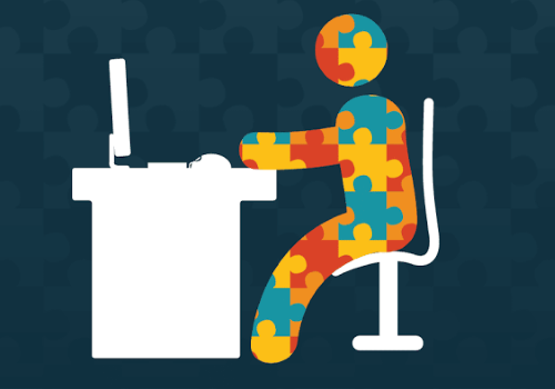 Grafica su autismo e lavoro, con un omino-puzzle fatto di pezzi colorati al computer