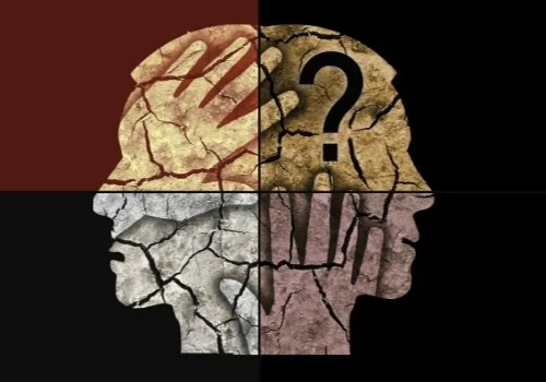 Grafica con testa a due facce, una mano e un punto di domanda