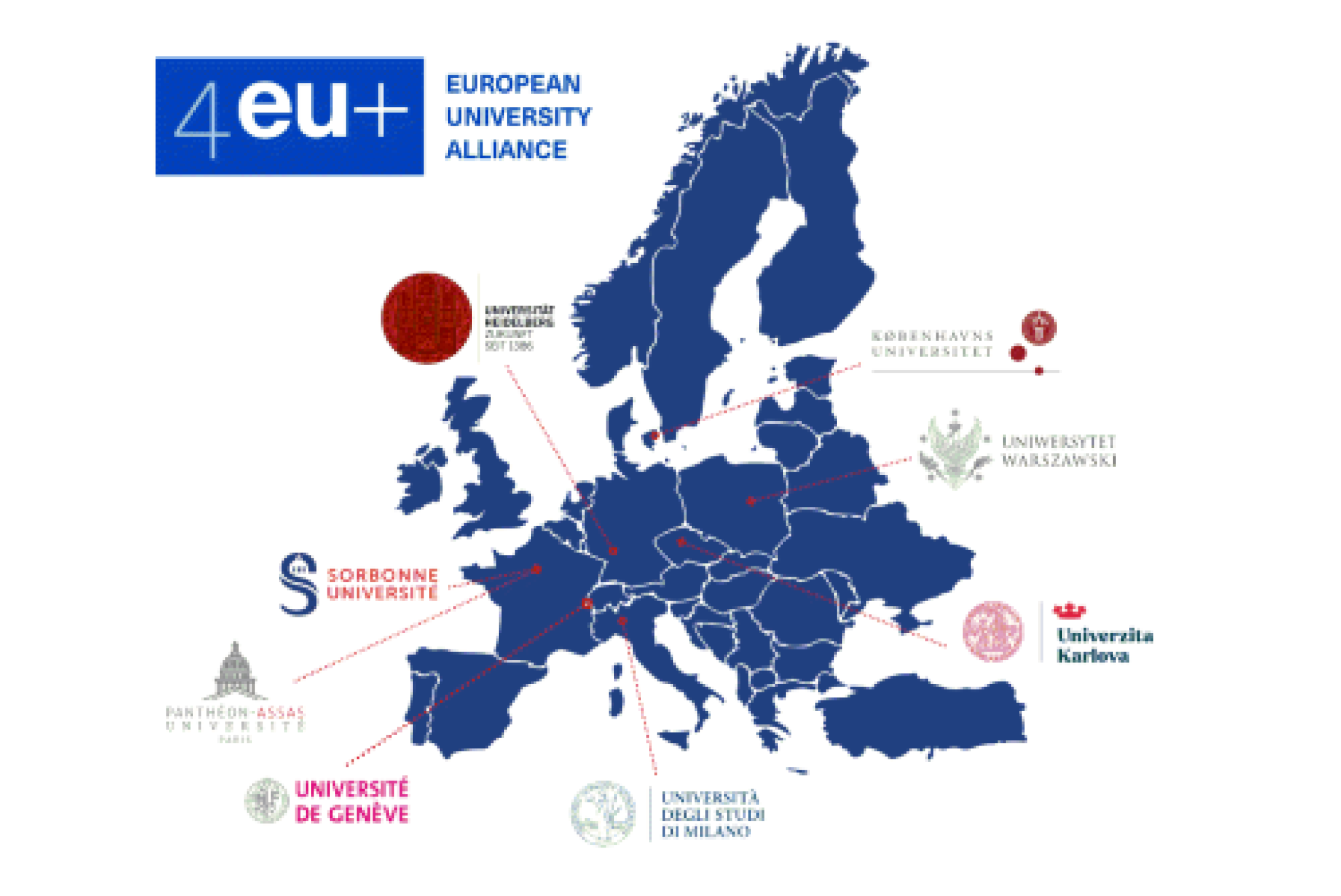 Una realizzzazione grafica con la mappa delle otto Un iversità europee che compongono il consorzio 4EU+ Alliance