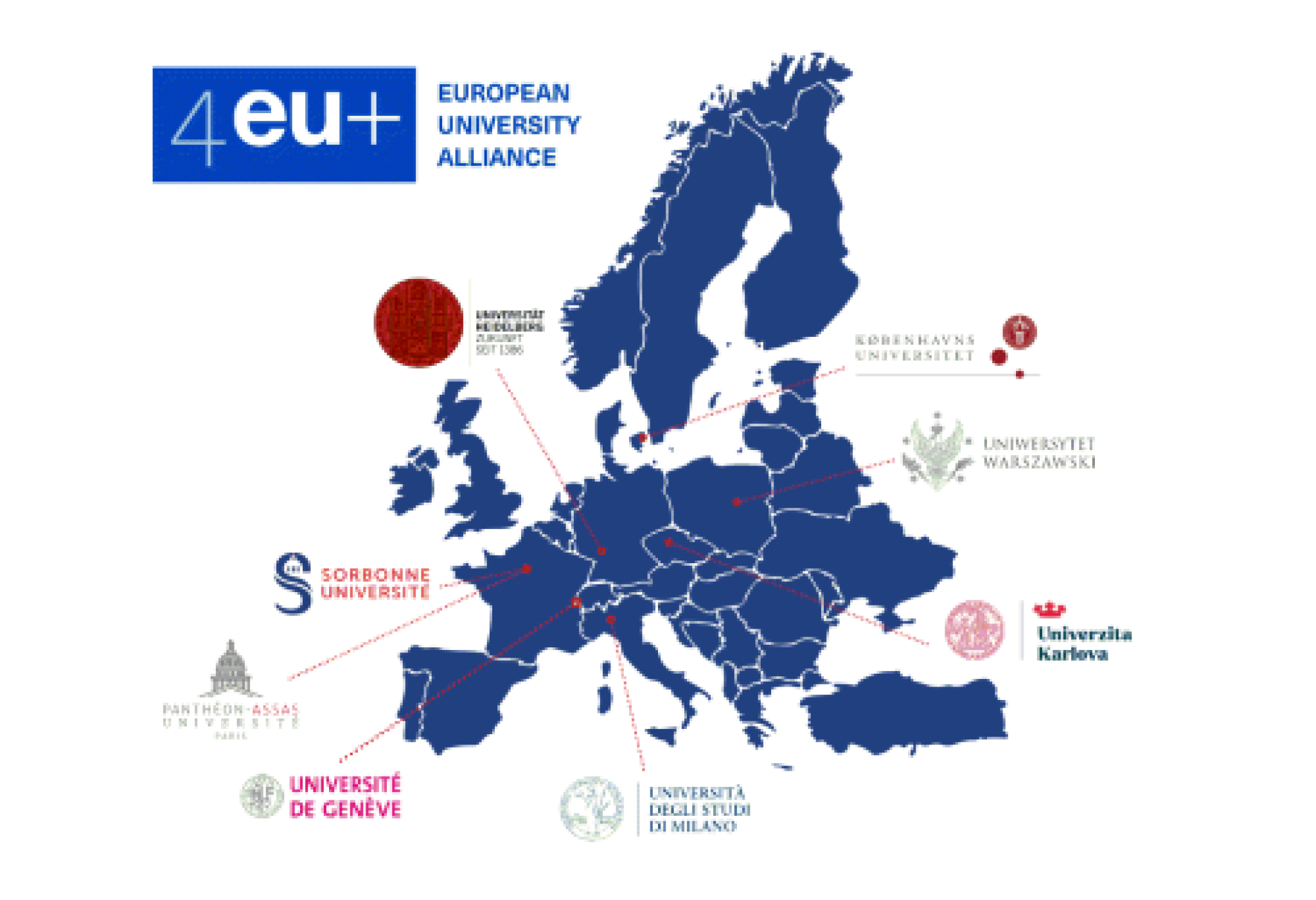 Una realizzzazione grafica con la mappa delle otto Un iversità europee che compongono il consorzio 4EU+ Alliance