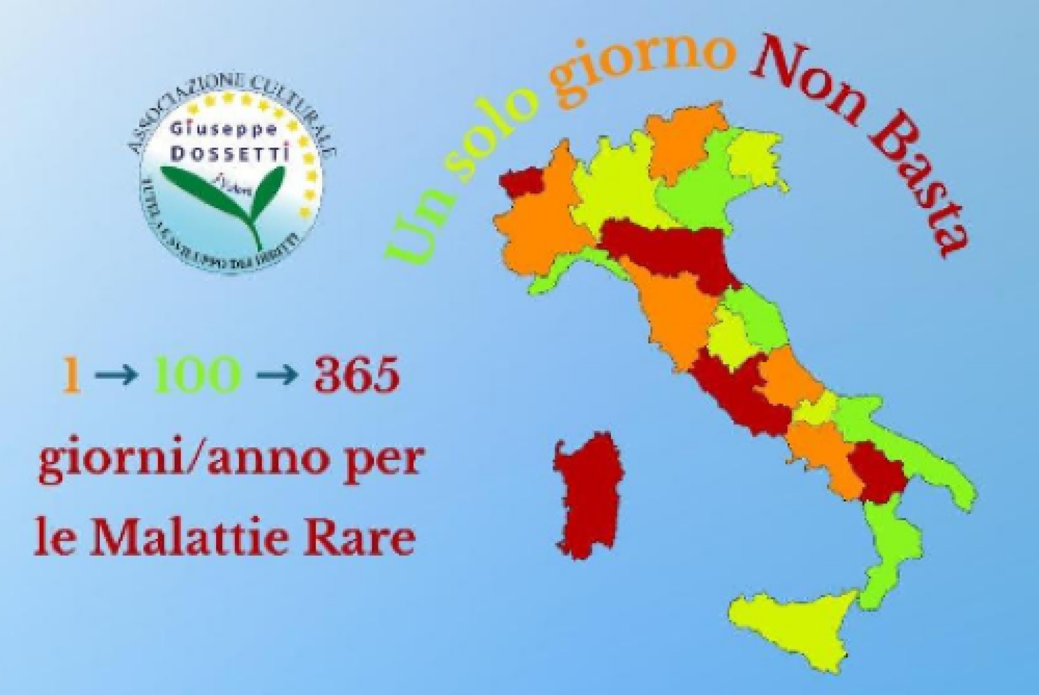 La realizzazione grafica curata dall'Associazione Dossetti per la Giornata Mondiale delle Malattie Rare, accompagnata dal testo "Art. 32 della Costituzione italiana: Diritto Universale alla Salute. C’è ancora un’Italia a colori troppo diversi per l’accesso dei Malati Rari a terapie e trattamenti"