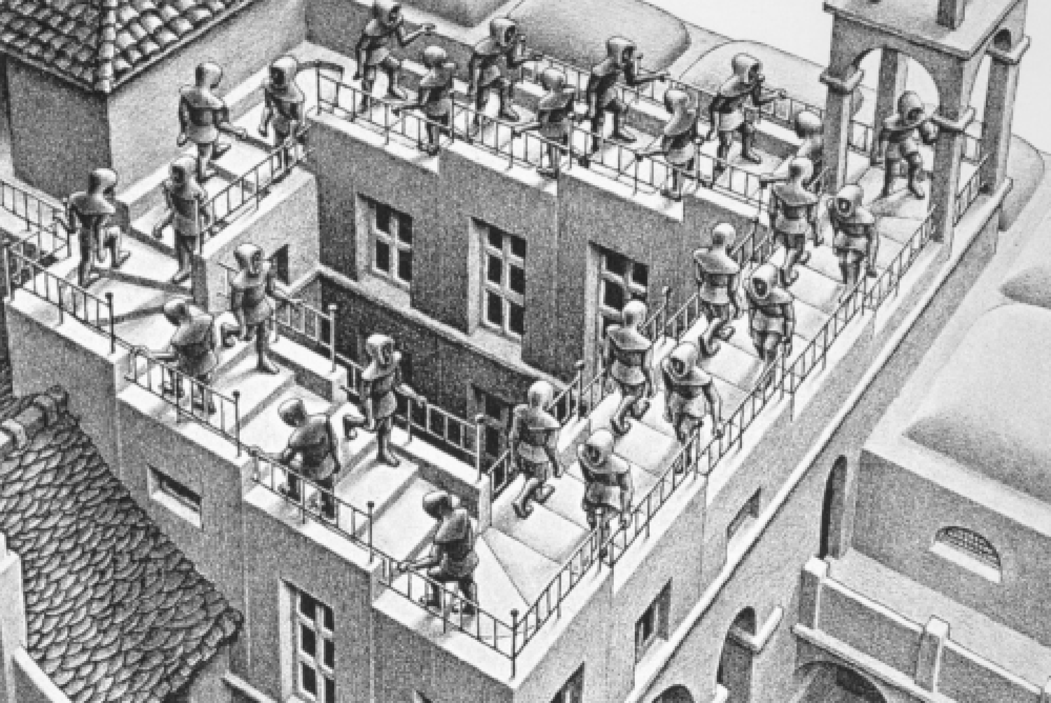 Maurits Cornelis Escher, "Ascent and Descent" ("Salita e discesa"), 1960, particolare