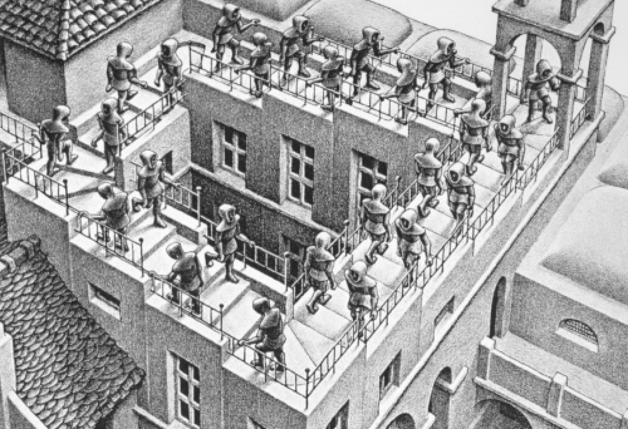 Maurits Cornelis Escher, "Ascent and Descent" ("Salita e discesa"), 1960, particolare