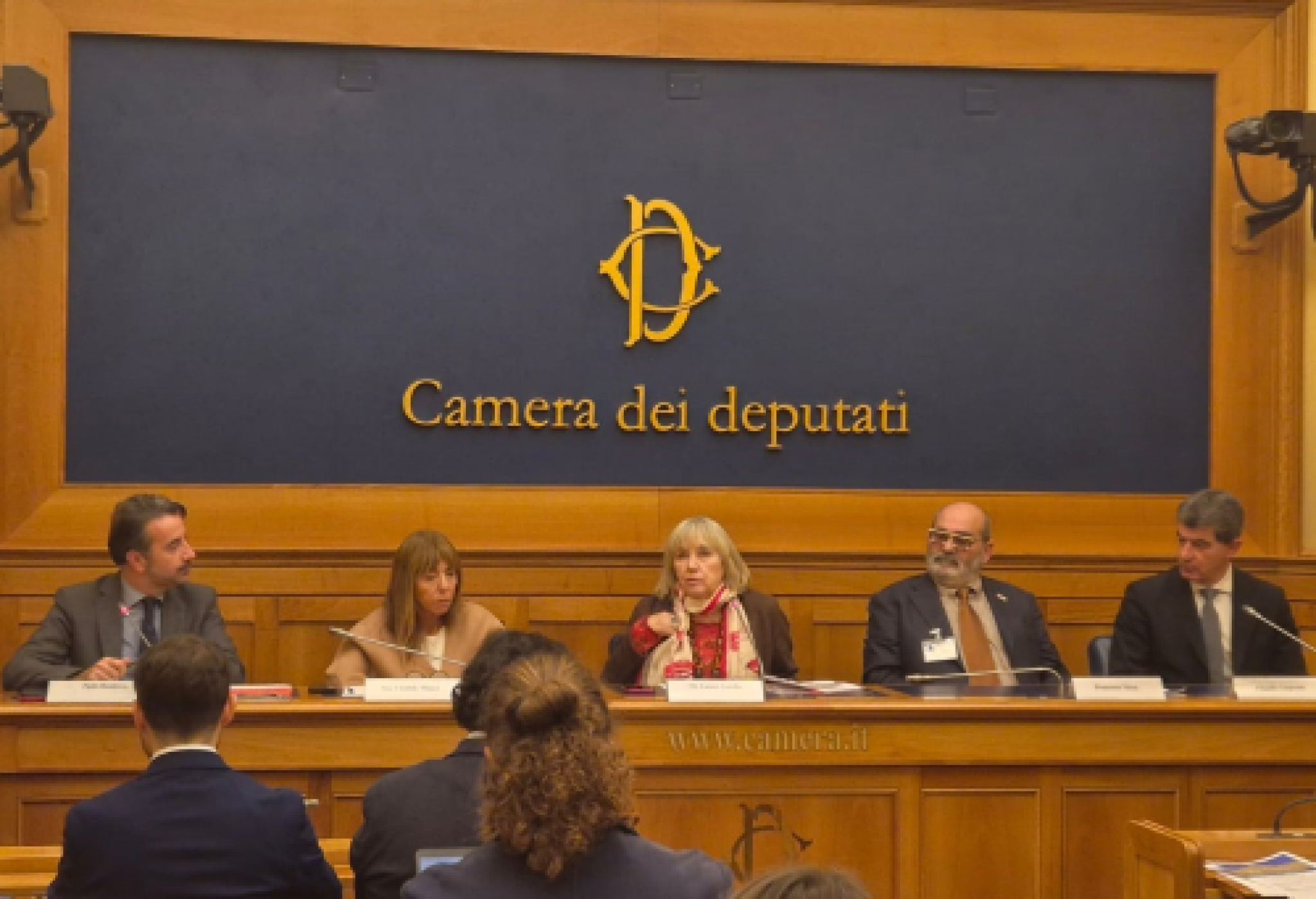 Il tavolo dei relatori, durante la presentazione dell'Intergruppo Parlamentare sulla Sclerosi Multipla e Patologie Correlate. Da sinistra: Paolo Bandiera (direttore degli Affari Generali e delle Relazioni Istituzionali dell’AISM), la senatrice Tilde Minasi, la deputata Luana Zanella, Francesco Vacca (presidente dell'AISM) e il neurologo Claudio Gasperini