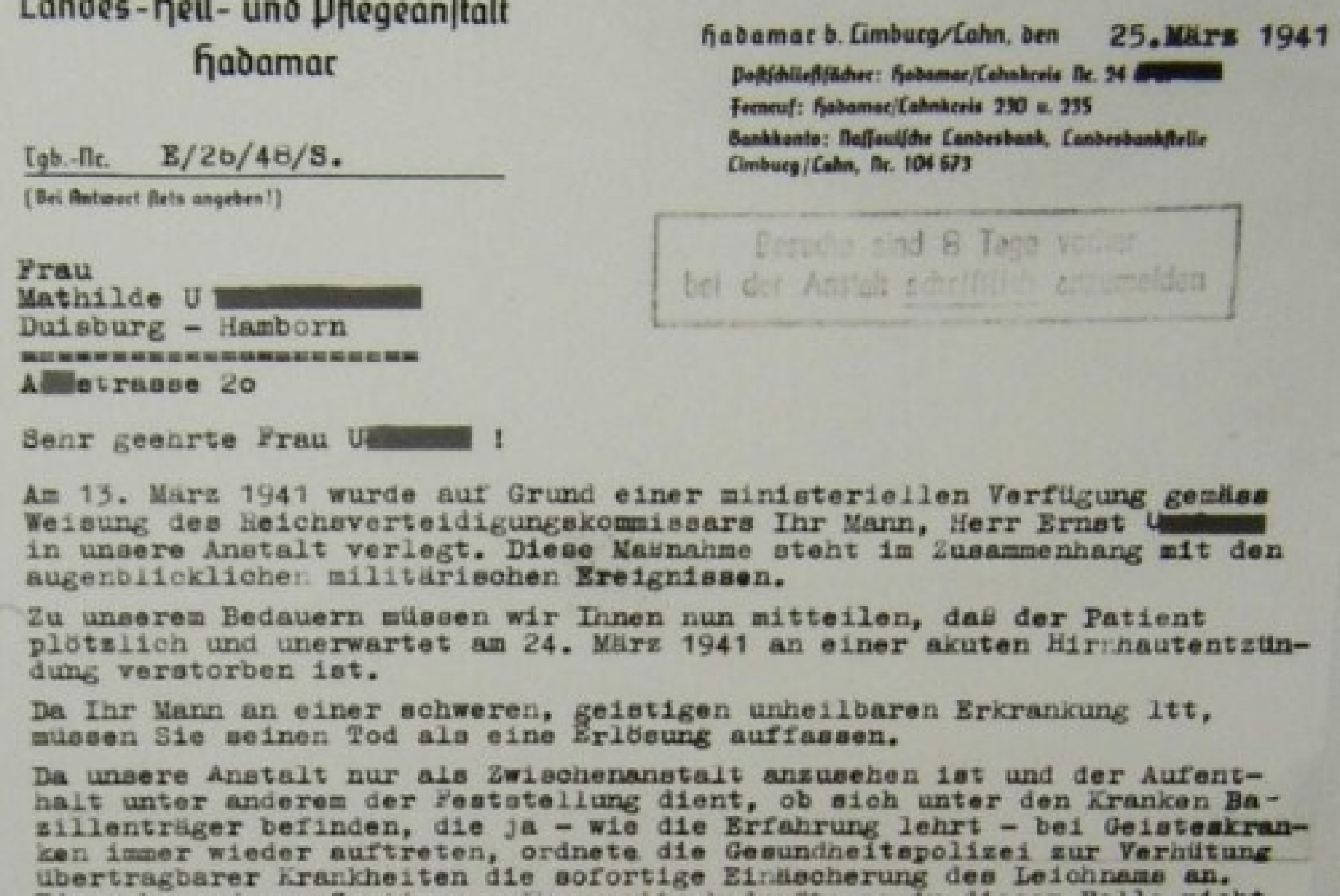 L'intestazione e le prime righe della "lettera di consolazione" originale inviata a Mathilde U., per informarla della morte del marito Ernst