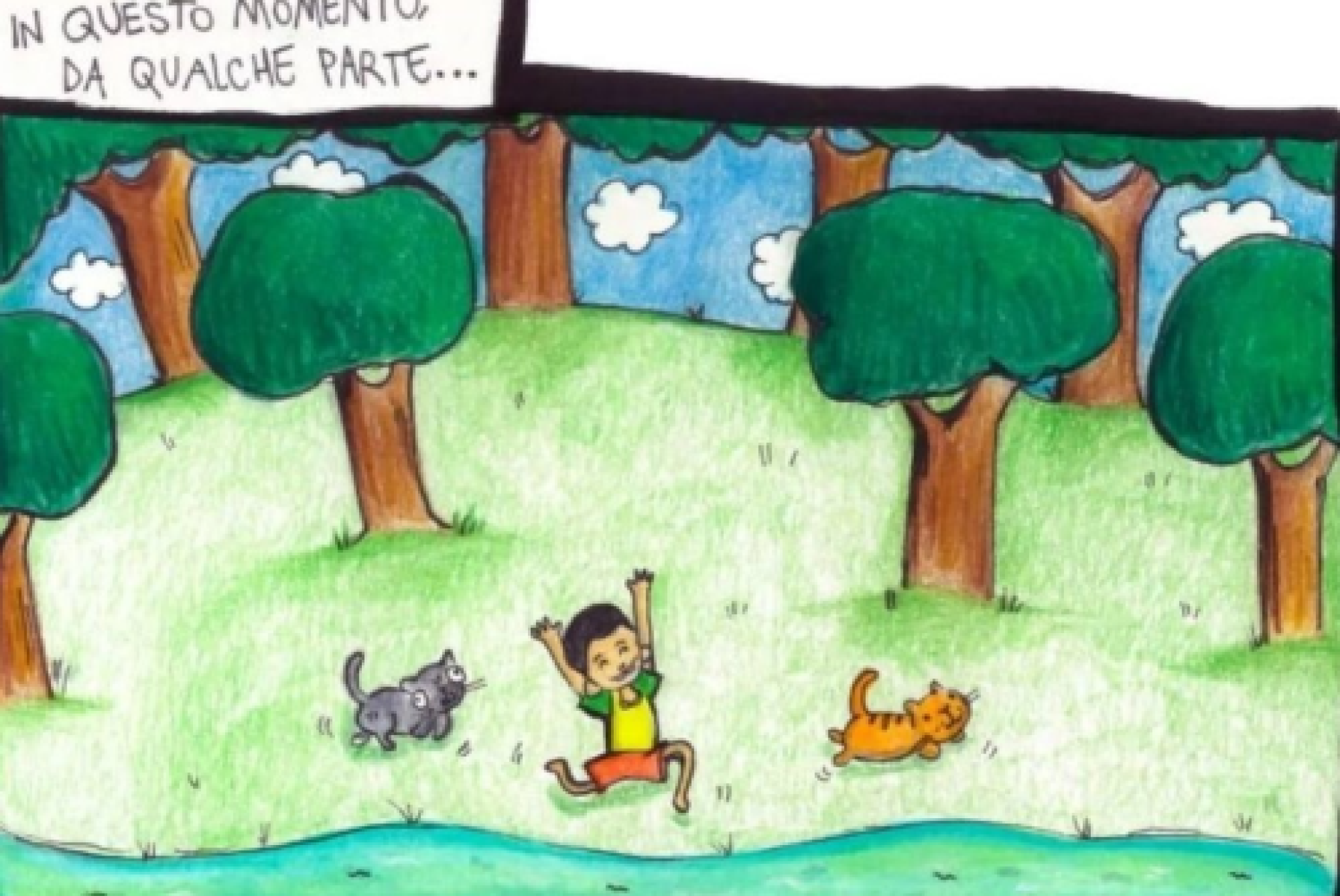 Mattia con i suoi due mici Polpetta e Puma, in uno dei disegni di Veronica Janise Conti delle "Avventure di Mattia a matita"