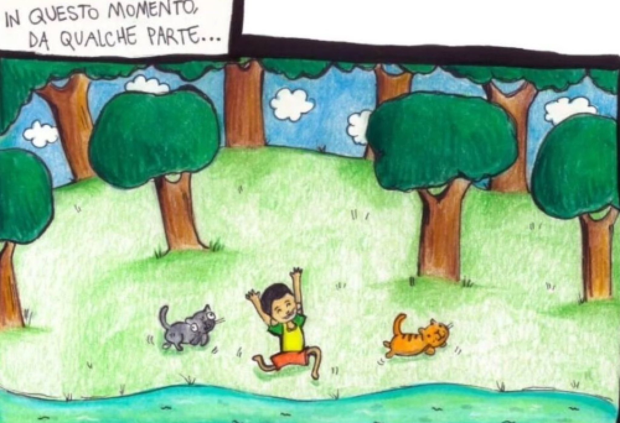 Mattia con i suoi due mici Polpetta e Puma, in uno dei disegni di Veronica Janise Conti delle "Avventure di Mattia a matita"