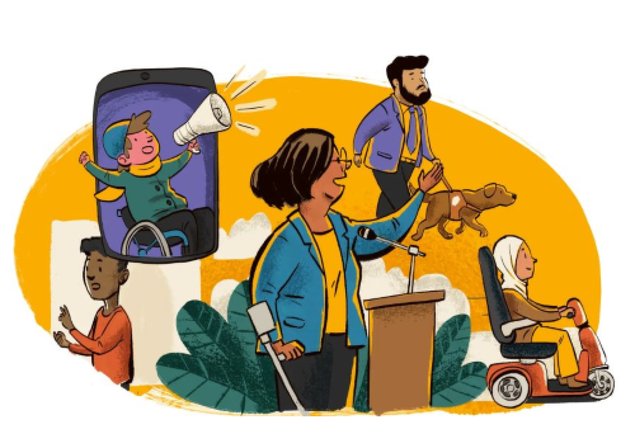 Una realizzazione grafica finlandese dedicata alla partecipazione politica e pubblica delle persone con disabilità (illustrazioni di Väinö Heinonen)