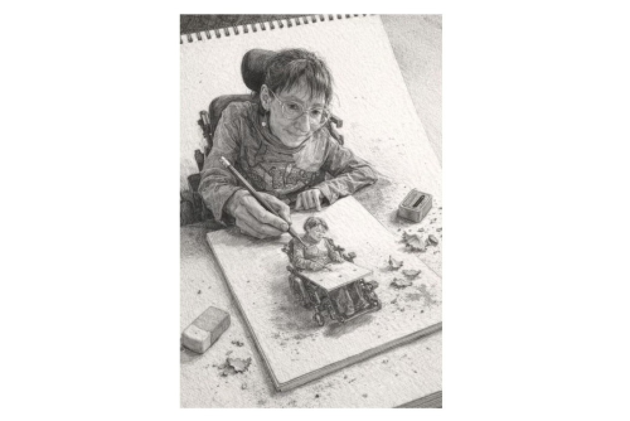 Il disegno di un’insolita Stefania Delendati, in versione illustratrice, ritratta su un block-notes, mentre disegna su un foglio una se stessa intenta, a propria volta, a disegnare (immagine generata con l’intelligenza artificiale da Cristina Lavizzari, e pubblicata su Facebook)