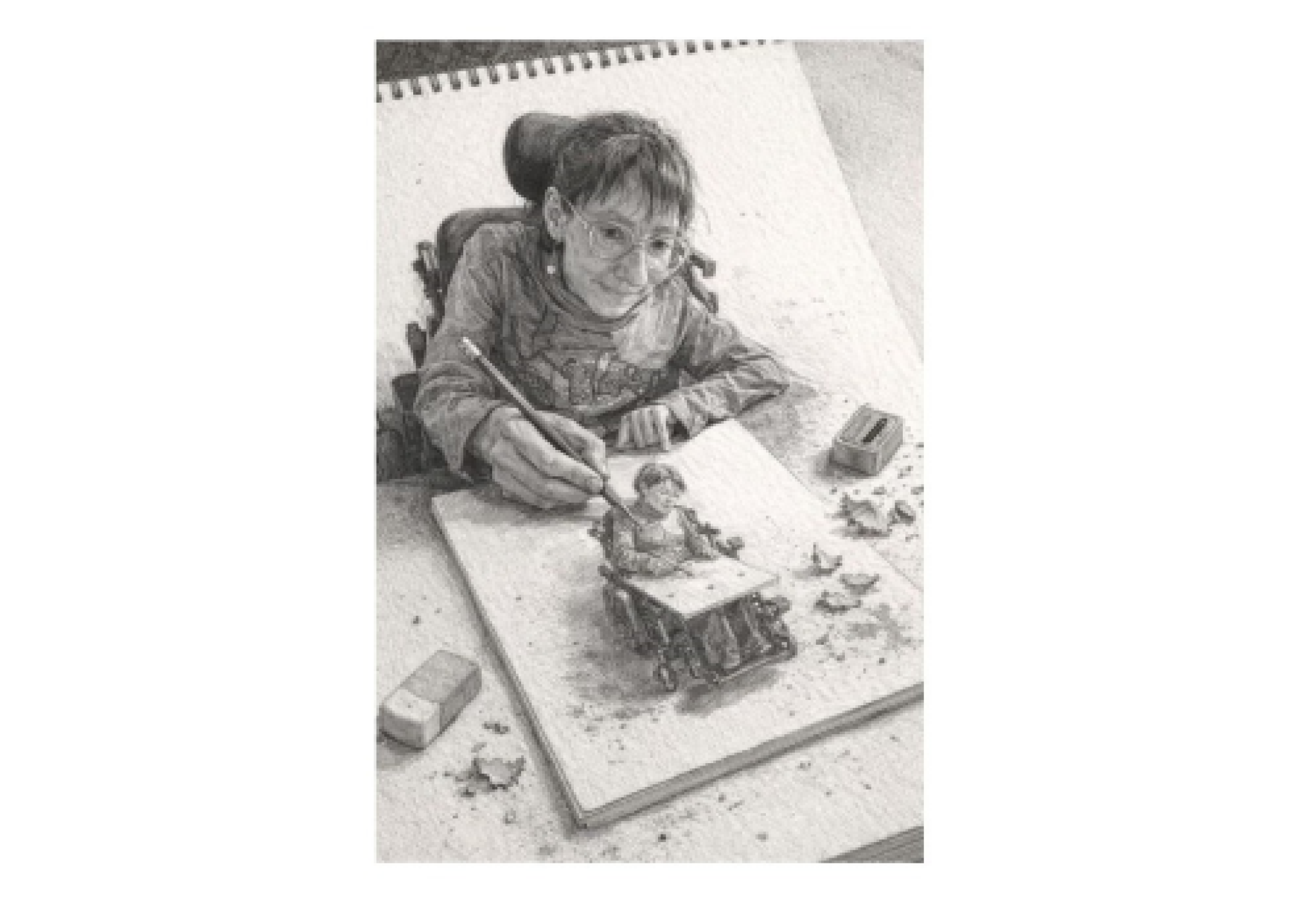 Il disegno di un’insolita Stefania Delendati, in versione illustratrice, ritratta su un block-notes, mentre disegna su un foglio una se stessa intenta, a propria volta, a disegnare (immagine generata con l’intelligenza artificiale da Cristina Lavizzari, e pubblicata su Facebook)