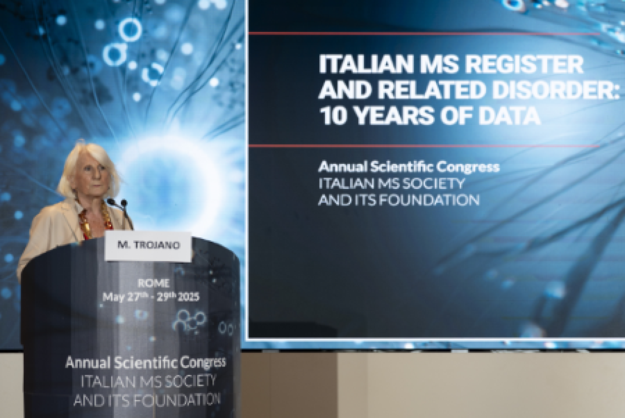 L'intervento della professoressa Maria Trojano, presidente del Comitato Scientifico del Registro Italiano Sclerosi Multipla, durante il focus dedicato a quuest'ultimo, all'interno del recente convegno di Roma promosso dalla Fondazione FISM, nell'àmbito della Settimana Nazionale della Sclerosi Multipla 2025
