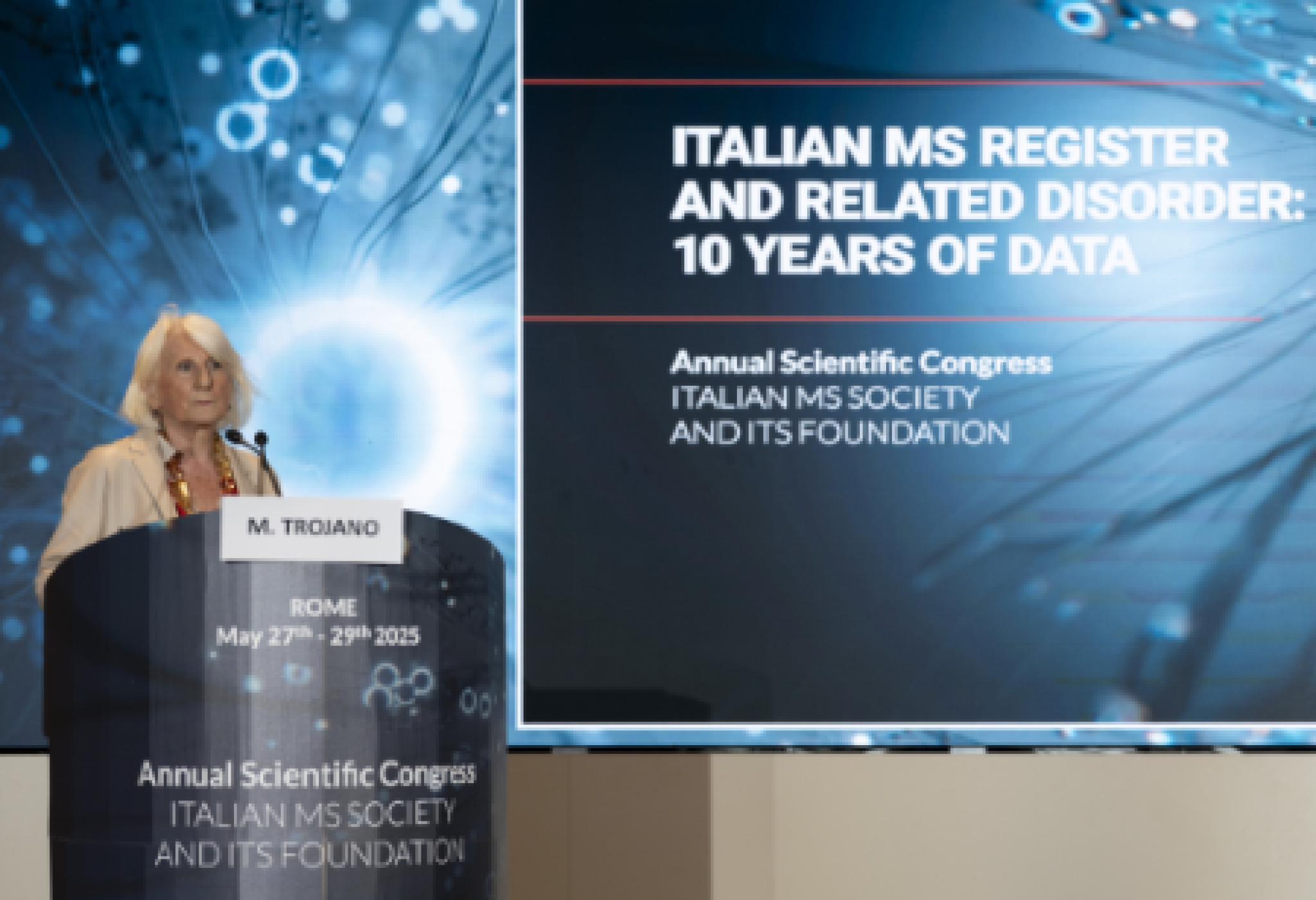L'intervento della professoressa Maria Trojano, presidente del Comitato Scientifico del Registro Italiano Sclerosi Multipla, durante il focus dedicato a quuest'ultimo, all'interno del recente convegno di Roma promosso dalla Fondazione FISM, nell'àmbito della Settimana Nazionale della Sclerosi Multipla 2025