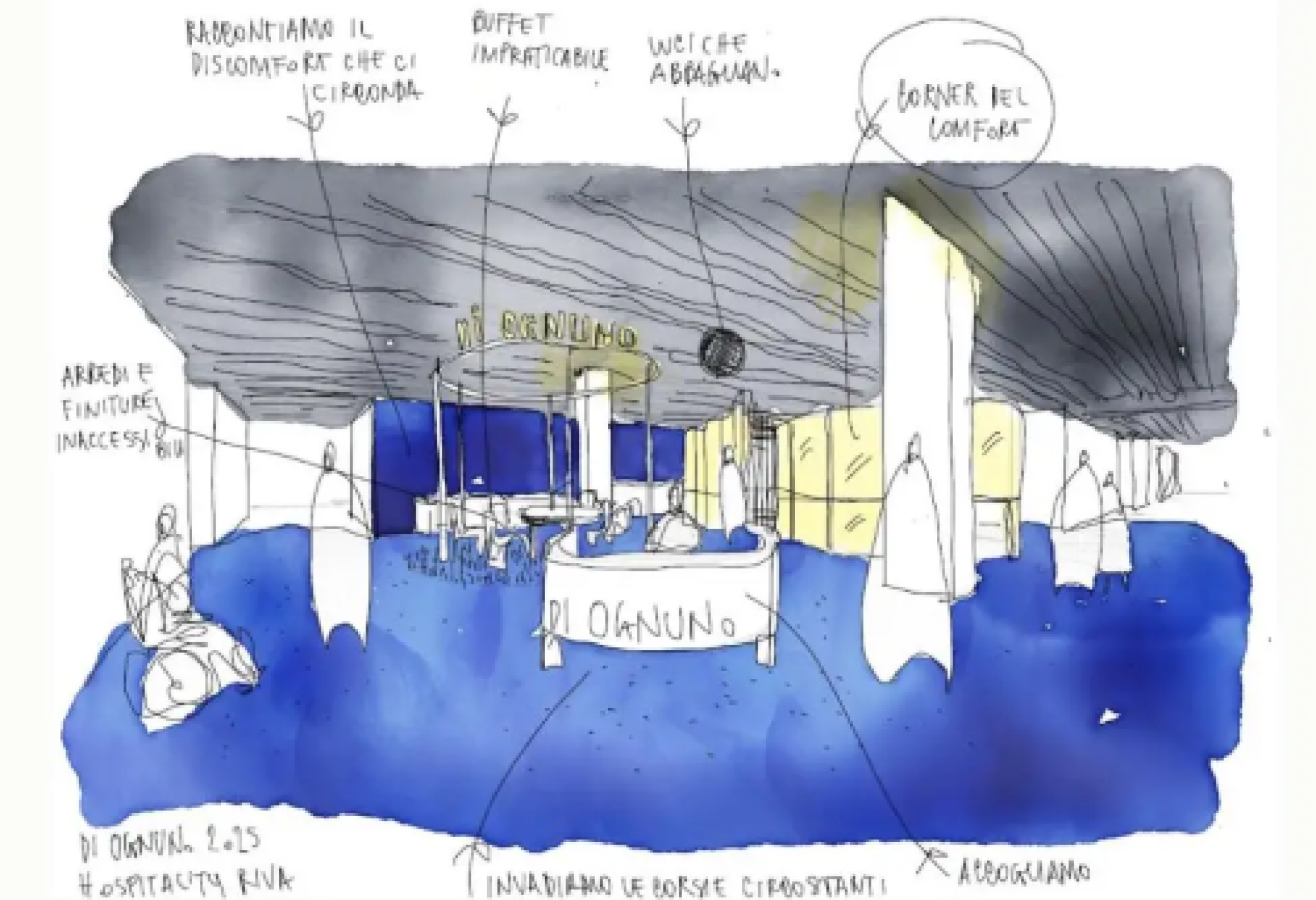 Un disegno della sala colazioni inclusiva che verrà presentata a Riva del Garda